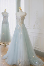 Blue Strapless Lace Prom Dress, A Line Tulle Prom Dresses