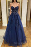 Blue Strapless Lace Long Prom Dresses, A-Line Evening Dresses Party Dresses