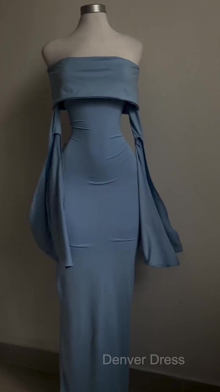Blue Strapless Prom Dress Long Sleeve Bodycon Prom Dresses