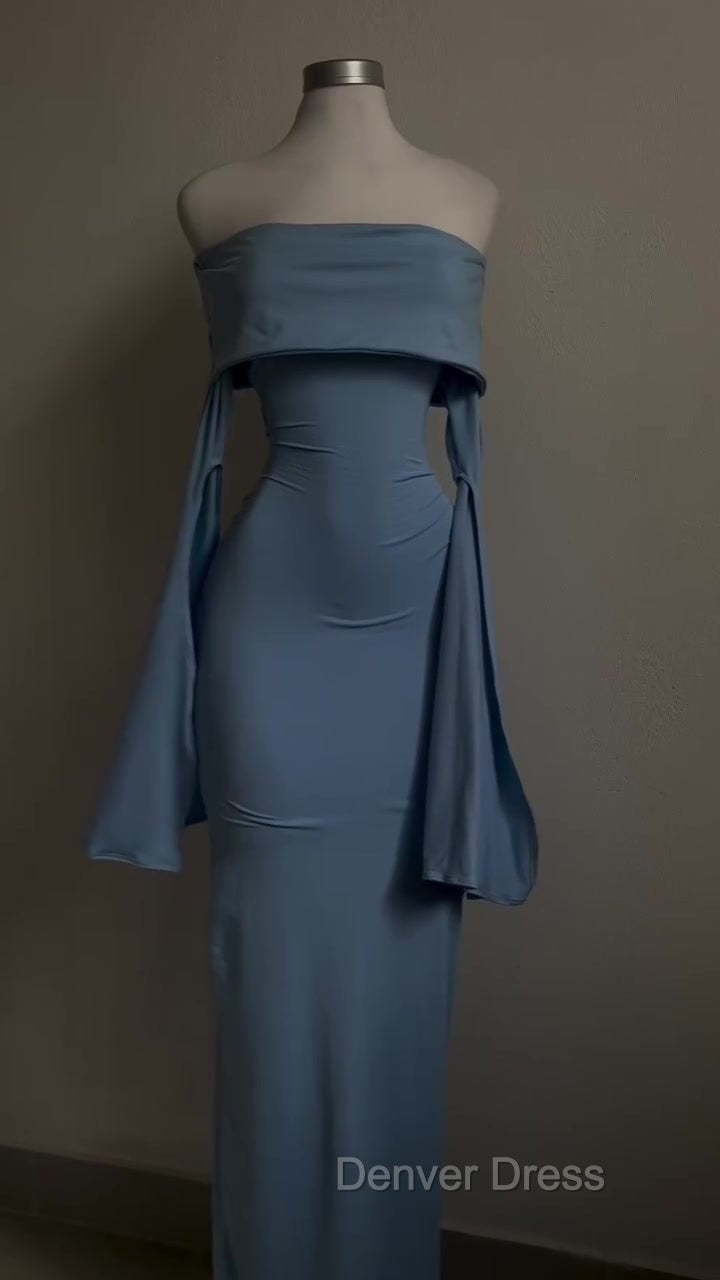 Blue Strapless Prom Dress Long Sleeve Bodycon Prom Dresses