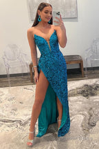 Blue Strapless Sequin Prom Dresses with Slit