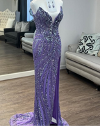 Vintage Strapless Sequins V-Neck Sheath High Slit Long Prom Dresses