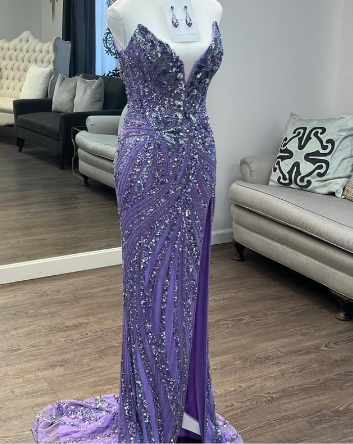 Vintage Strapless Sequins V-Neck Sheath High Slit Long Prom Dresses