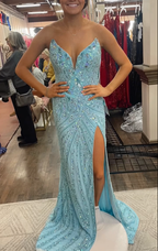 Vintage Strapless Sequins V-Neck Sheath High Slit Long Prom Dresses