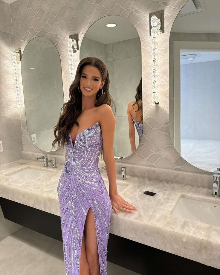 Vintage Strapless Sequins V-Neck Sheath High Slit Long Prom Dresses