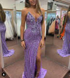 Vintage Strapless Sequins V-Neck Sheath High Slit Long Prom Dresses