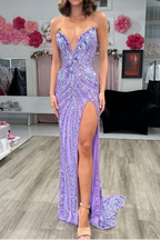 Vintage Strapless Sequins V-Neck Sheath High Slit Long Prom Dresses