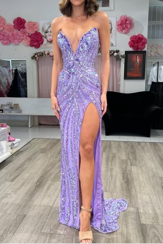 Vintage Strapless Sequins V-Neck Sheath High Slit Long Prom Dresses