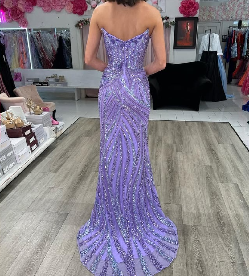 Vintage Strapless Sequins V-Neck Sheath High Slit Long Prom Dresses