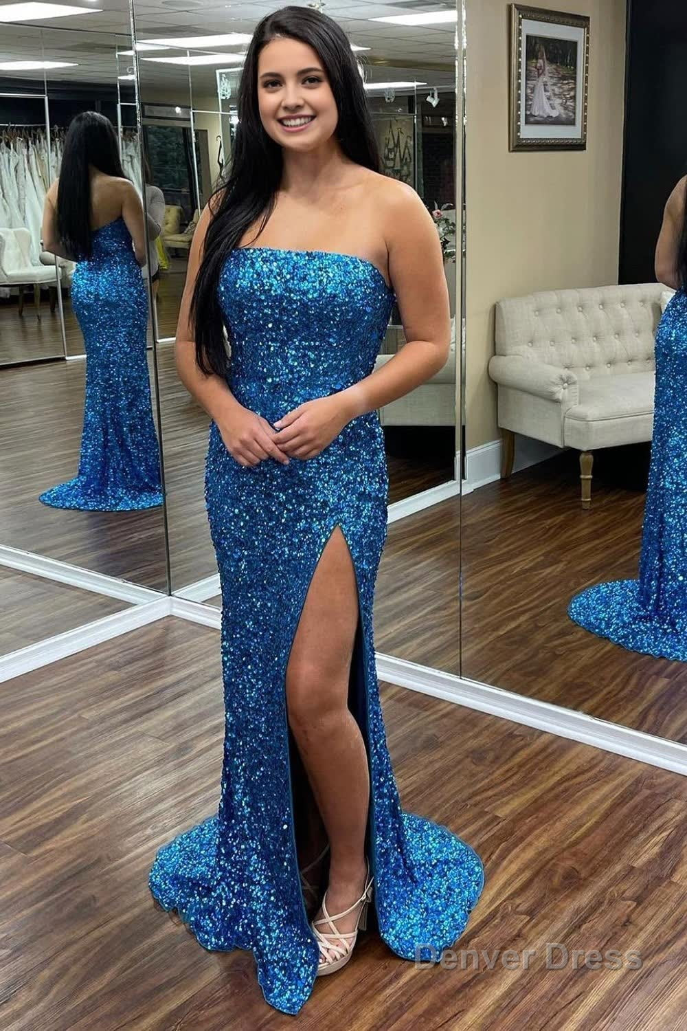Blue Strapless Sequins Prom Dresses with Slit