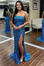 Blue Strapless Sequins Prom Dresses with Slit