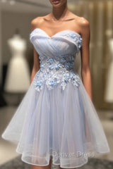 Blue Strapless Tulle Appliques Knee Length Homecoming Dresses