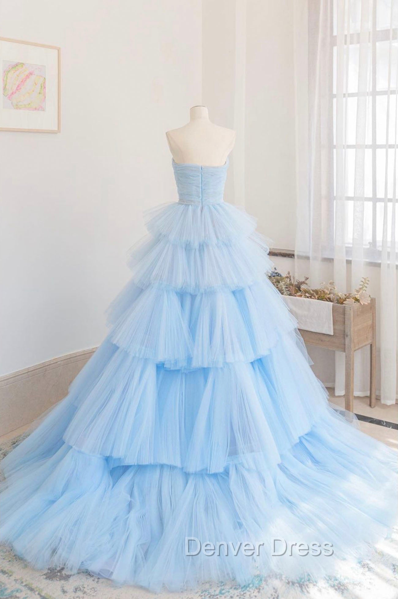 Blue Strapless Tulle Layers Long Prom Dress, A Line Prom Dresses