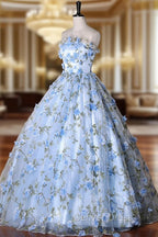 Blue Strapless Tulle Long Prom Dress, A Line Prom Dress