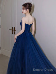 Blue Strapless Tulle Long Prom Dress, Beautiful A-Line Evening Party Dress