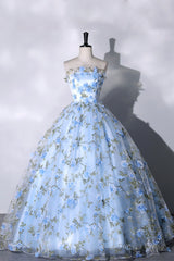 Blue Strapless Tulle Long Prom Dress, Blue A-Line Evening Party Gown