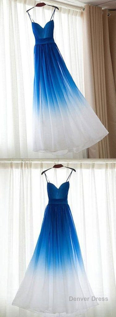Blue Straps Gradient Chiffon Party Gown, Chiffon Sweetheart Prom Dresses