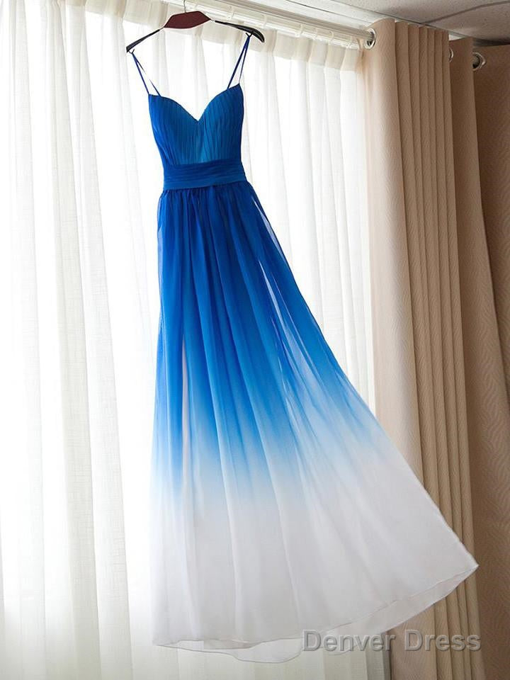 Blue Straps Gradient Chiffon Party Gown, Chiffon Sweetheart Prom Dresses