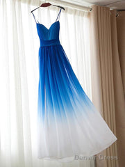 Blue Straps Gradient Chiffon Party Gown, Chiffon Sweetheart Prom Dresses