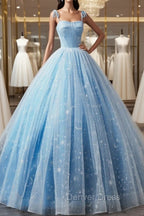 Blue Straps Tulle Floral Long Prom Dresses, Blue Formal Dresses Party Dresses