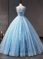 Blue Straps Tulle Floral Long Prom Dresses, Blue Formal Dresses Party Dresses