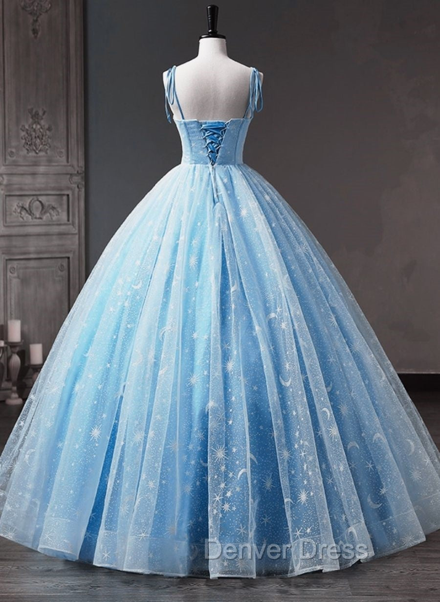 Blue Straps Tulle Floral Long Prom Dresses, Blue Formal Dresses Party Dresses