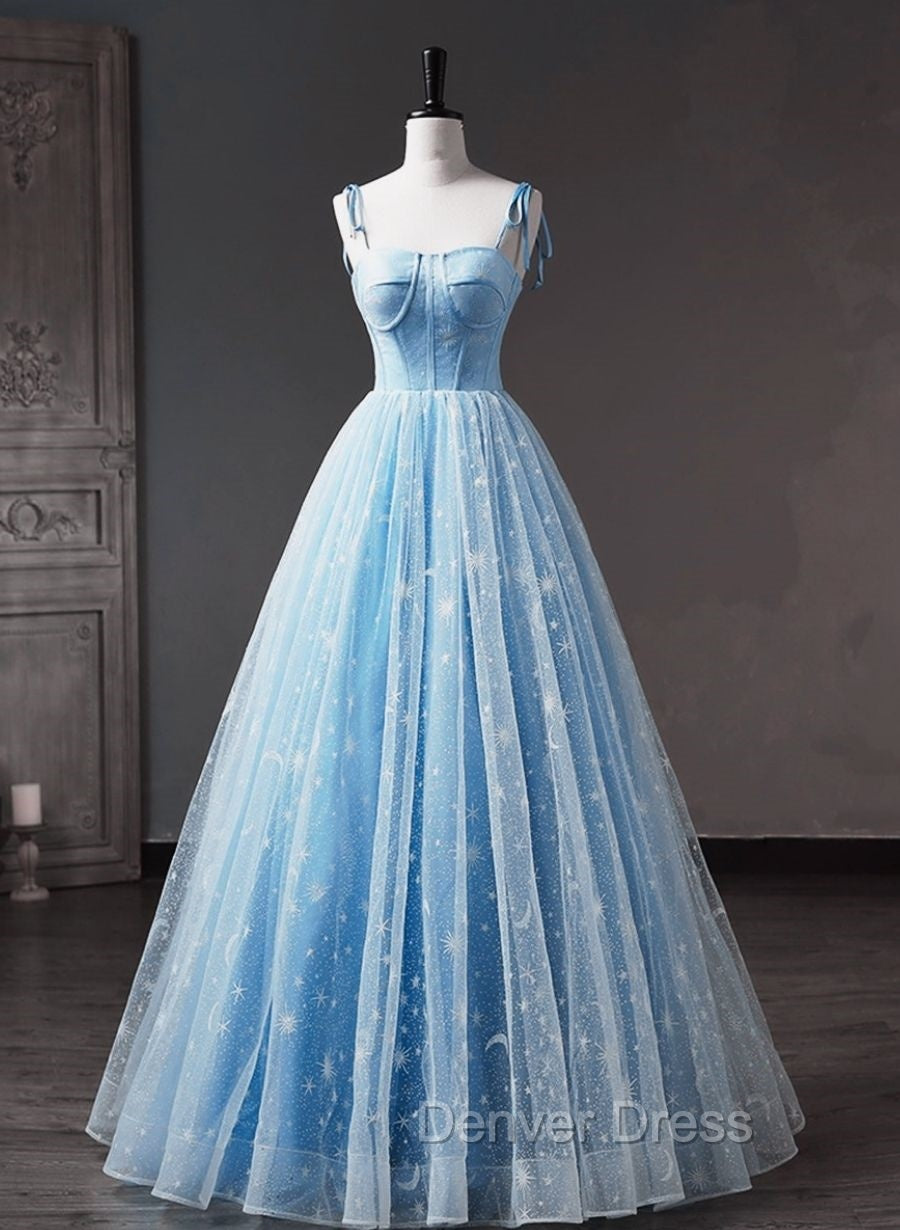 Blue Straps Tulle Floral Long Prom Dresses, Blue Formal Dresses Party Dresses Main image