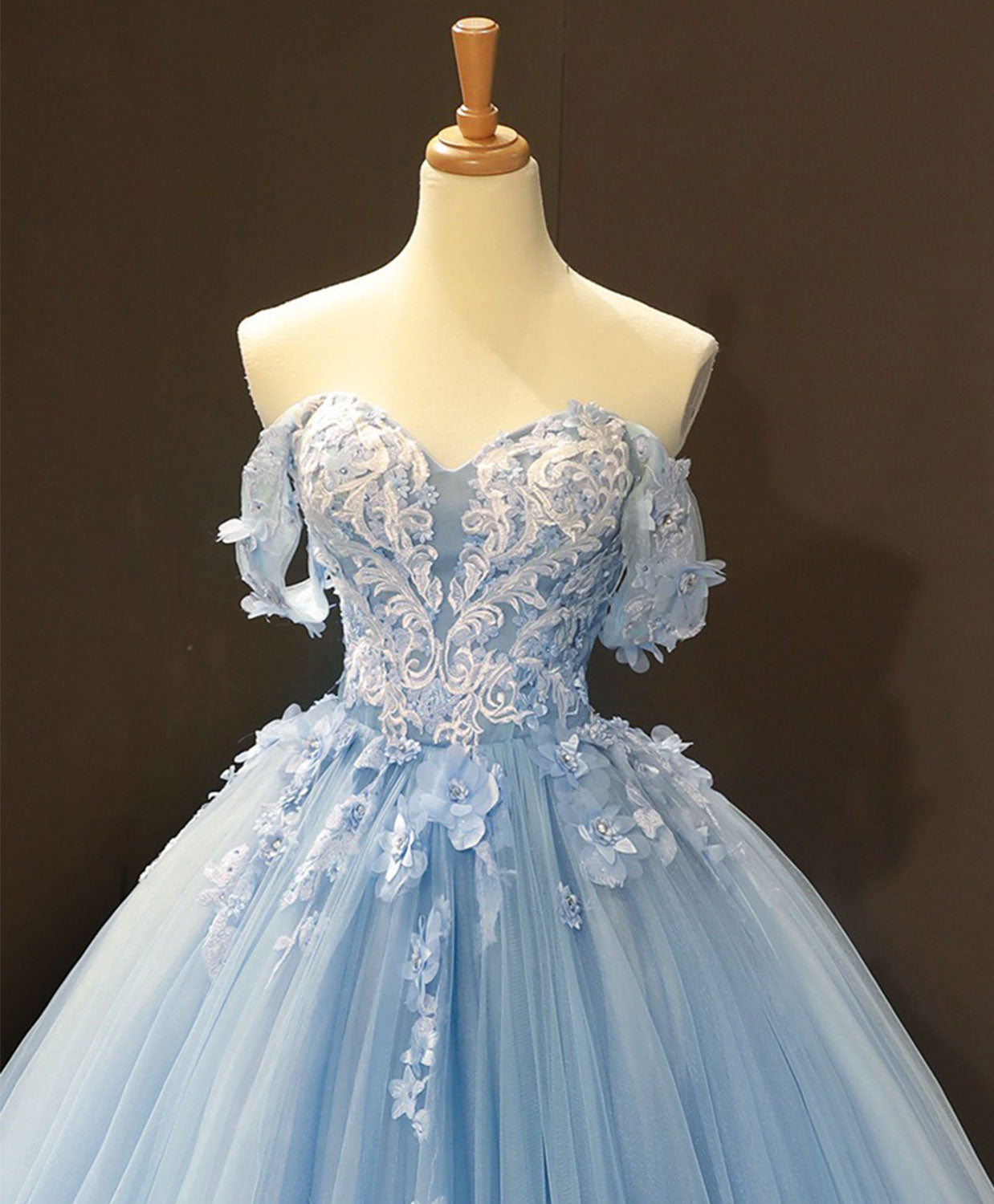 Blue Sweetheart Ball Gowns Flowers Sweet 16 Dress, Blue Off Shoulder Wedding Prom Dresses Secondary image