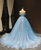 Blue Sweetheart Ball Gowns Flowers Sweet 16 Dress, Blue Off Shoulder Wedding Prom Dresses