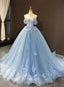 Blue Sweetheart Ball Gowns Flowers Sweet 16 Dress, Blue Off Shoulder Wedding Prom Dresses