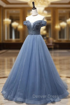 Blue Sweetheart Neck Beads Long Prom Dresses, Blue Tulle Formal Dresses With Beading Sequin