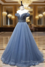 Blue Sweetheart Neck Beads Long Prom Dress, Blue Tulle Prom Dresses With Beading Sequin