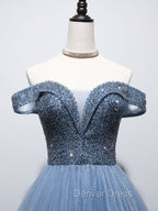 Blue Sweetheart Neck Beads Long Prom Dresses, Blue Tulle Formal Dresses With Beading Sequin