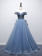 Blue Sweetheart Neck Beads Long Prom Dress, Blue Tulle Prom Dresses With Beading Sequin