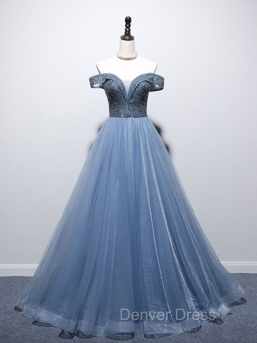 Blue Sweetheart Neck Beads Long Prom Dress, Blue Tulle Prom Dresses With Beading Sequin