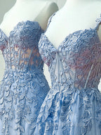 Blue Sweetheart Neck Lace Long Prom Dress, Blue A Line Lace Graduation Dresses
