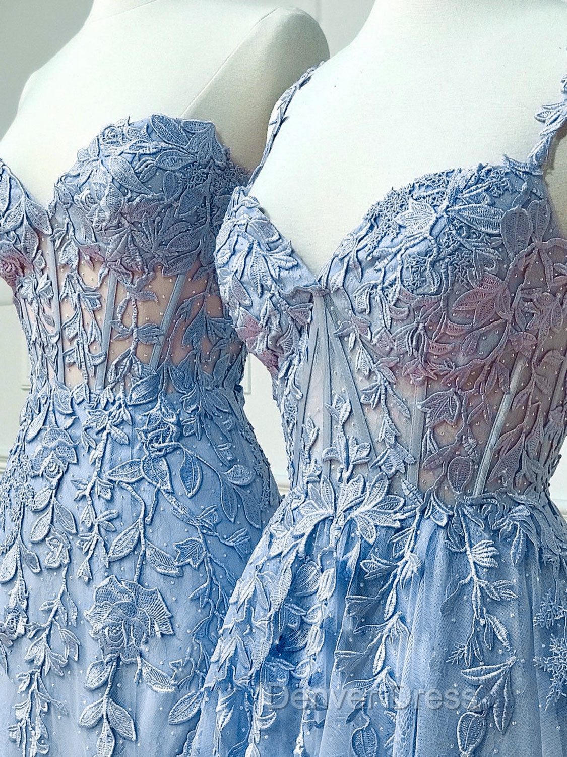 Blue Sweetheart Neck Lace Long Prom Dress, Blue A Line Lace Graduation Dresses