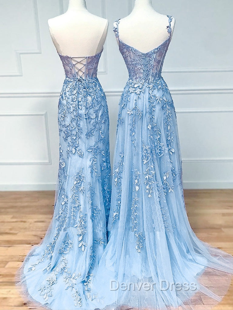 Blue Sweetheart Neck Lace Long Prom Dress, Blue A Line Lace Graduation Dresses
