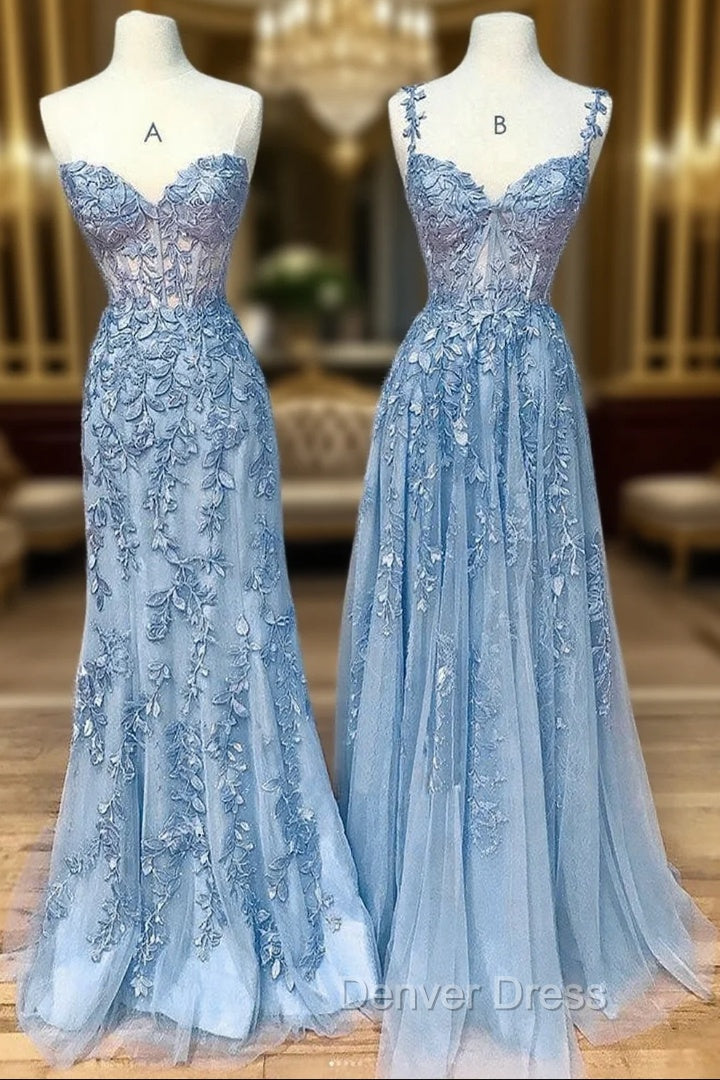 Blue Sweetheart Neck Lace Long Prom Dresses, Blue A-line Lace Graduation Dresses Main image