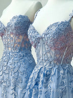 Blue Sweetheart Neck Lace Long Prom Dress, Blue Lace Graduation Dresses