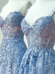 Blue Sweetheart Neck Lace Long Prom Dresses, Blue Lace Graduation Dress