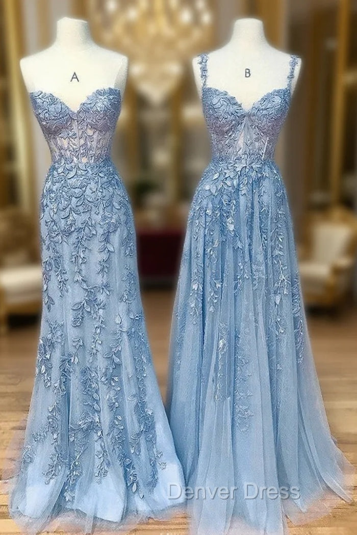 Blue Sweetheart Neck Lace Long Prom Dresses, Blue Lace Graduation Dresses Main image