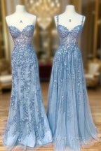 Blue Sweetheart Neck Lace Long Prom Dress, Blue Lace Graduation Dresses