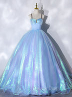 Blue Sweetheart Neck Long Prom Dress, Unique Blue Sweet 16 Dresses