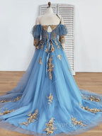 Blue Sweetheart Neck Off Shoulder Long Prom Dress, Lace Prom Dresses