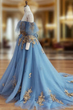 Blue Sweetheart Neck Off Shoulder Long Prom Dress, Lace Prom Dresses