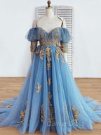 Blue Sweetheart Neck Off Shoulder Long Prom Dress, Lace Prom Dresses
