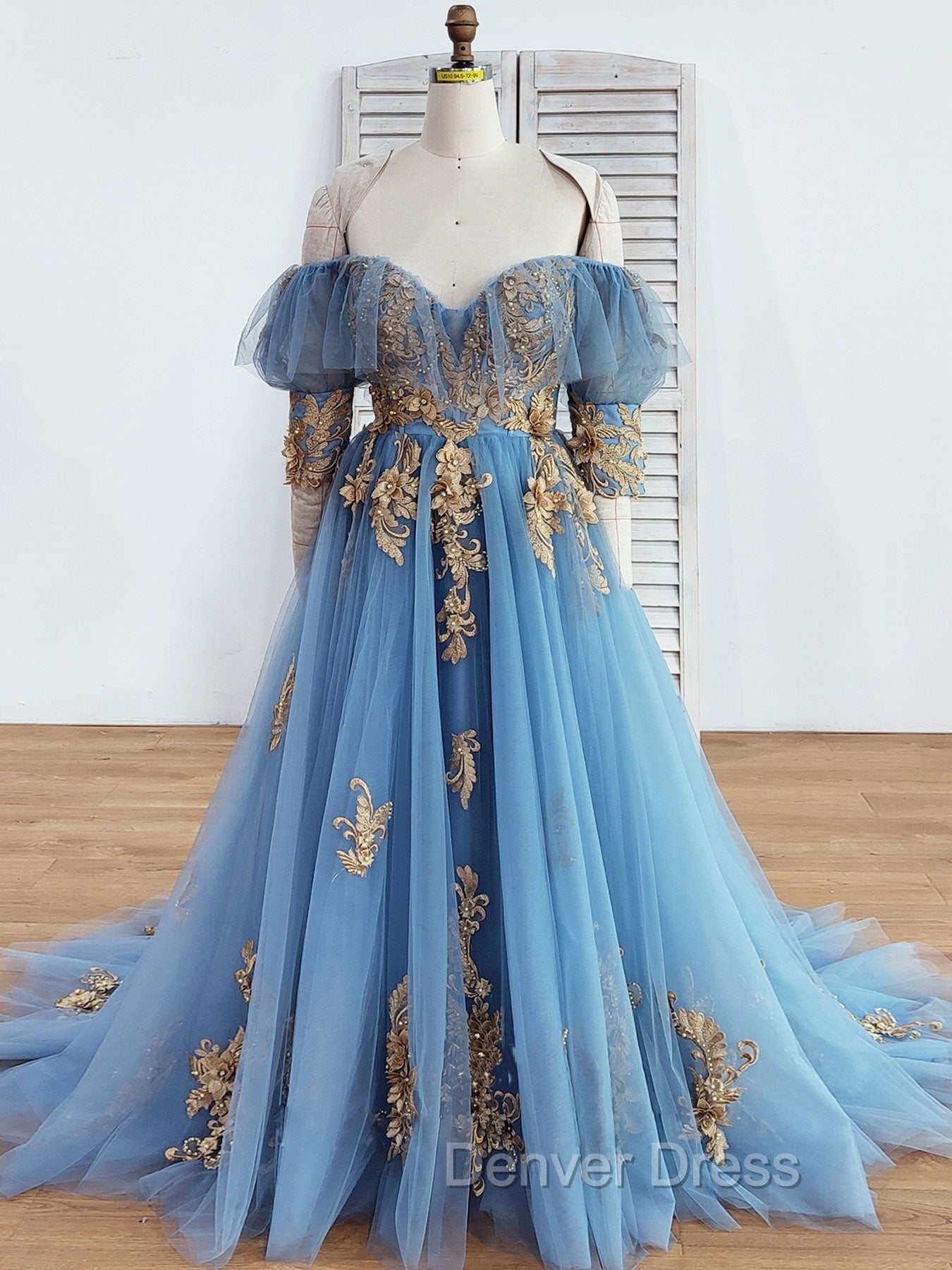 Blue Sweetheart Neck Off Shoulder Long Prom Dress, Lace Prom Dresses