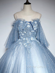 Blue Sweetheart Neck Tulle Lace Long Prom Dresses, Blue Evening Dresses