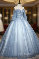 Blue Sweetheart Neck Tulle Lace Long Prom Dresses, Blue Evening Dresses